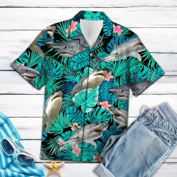 Angry Shark Tropical Jungle Design Hawaiian Shirt
