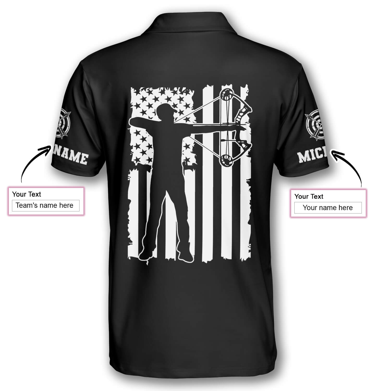 Black White American Flag Custom Archery Polo Shirts for Men/ Flag American Archery Shirt