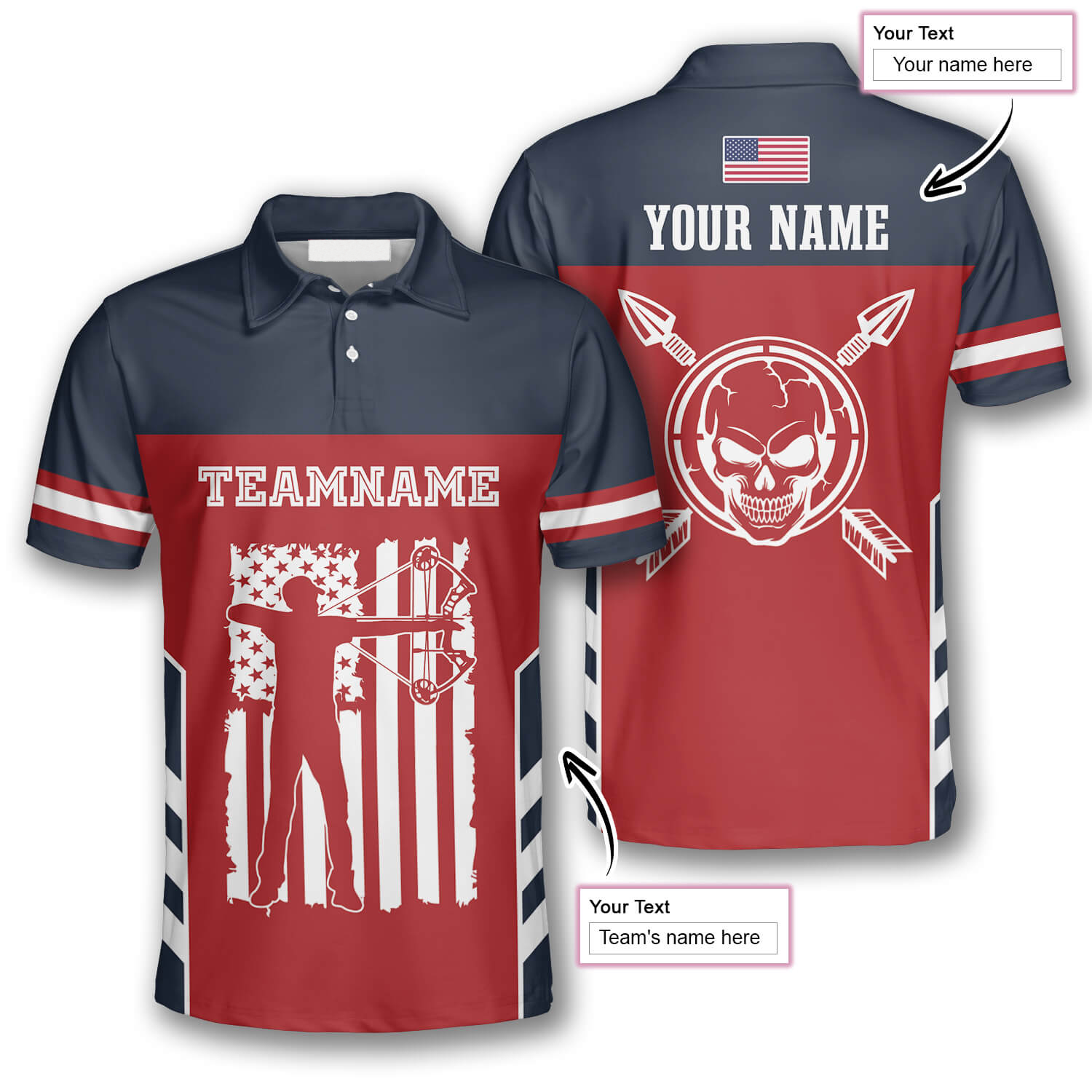 Skull Flag Red Navy Custom Archery Shirts for Men/ Skull Shirt/ Archery Skull Shirt
