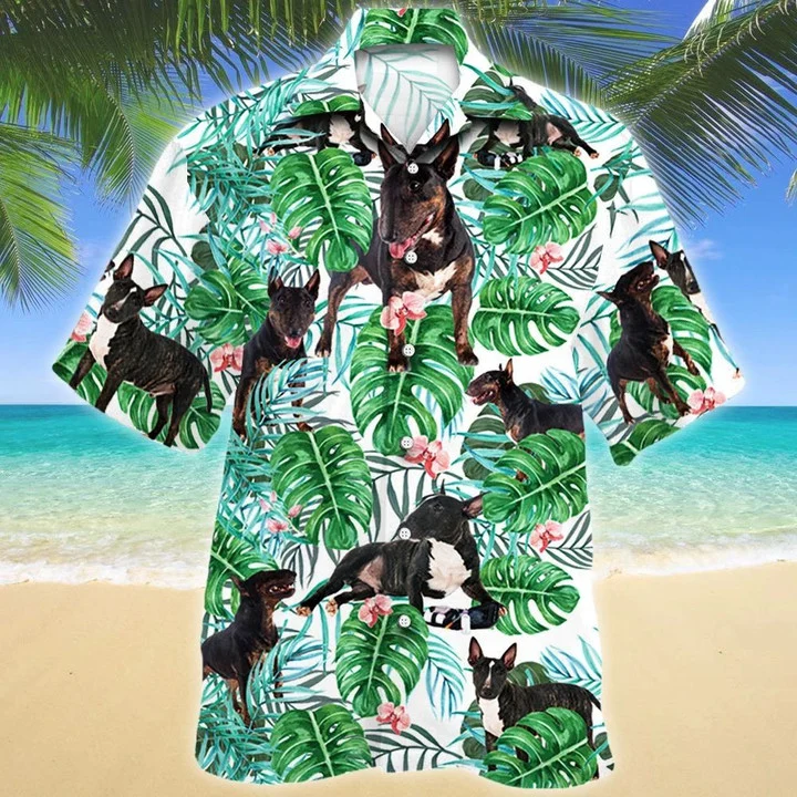Astute Animal Miniature Bull Terrier Dog Tropical Plant Green Theme Hawaiian Shirt