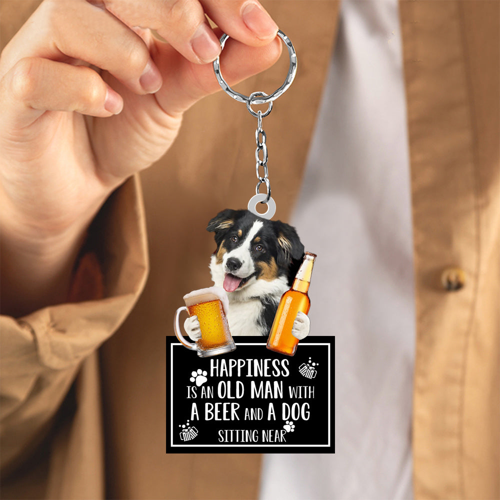 Australian Shepherd Happiness Is An Old Man With A Beer And A Dog Sitting Near Acrylic Keychain