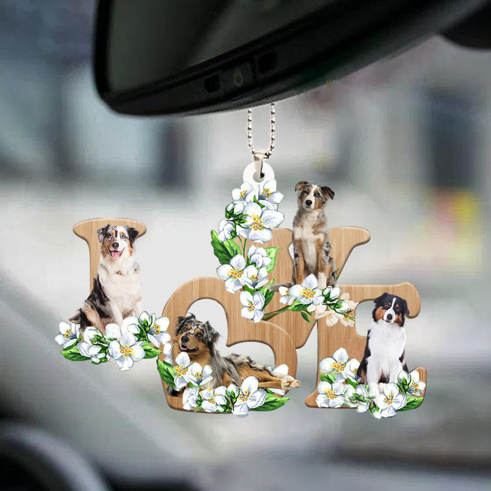 Australian Shepherd Love Flowers Dog Lover Car Hanging Ornament Acrylic Two Side