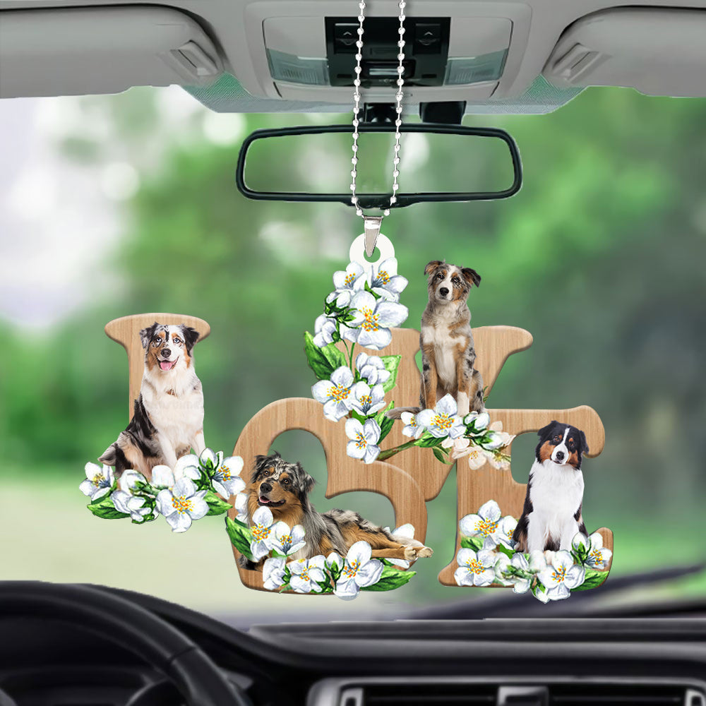 Australian Shepherd Love Flowers Dog Lover Car Hanging Ornament Acrylic Two Side