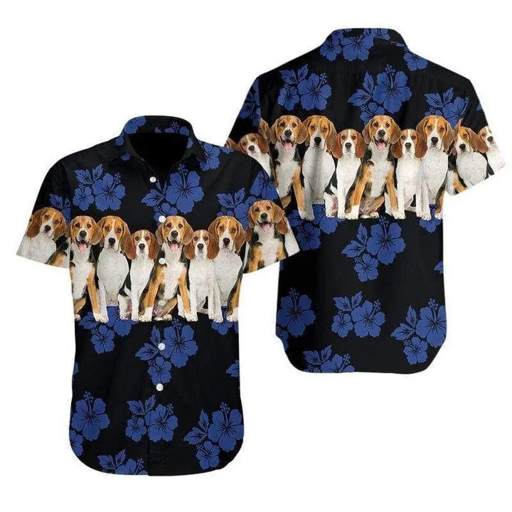 Beagle Hawaiian shirt/ Dog Hawaiian shirt/ Tropical Hibiscus On Black Pattern Hawaiian Shirt