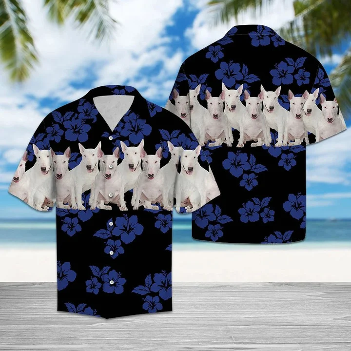 Awesome Bull Terrier Tropical Hibiscus On Black Hawaiian Shirt