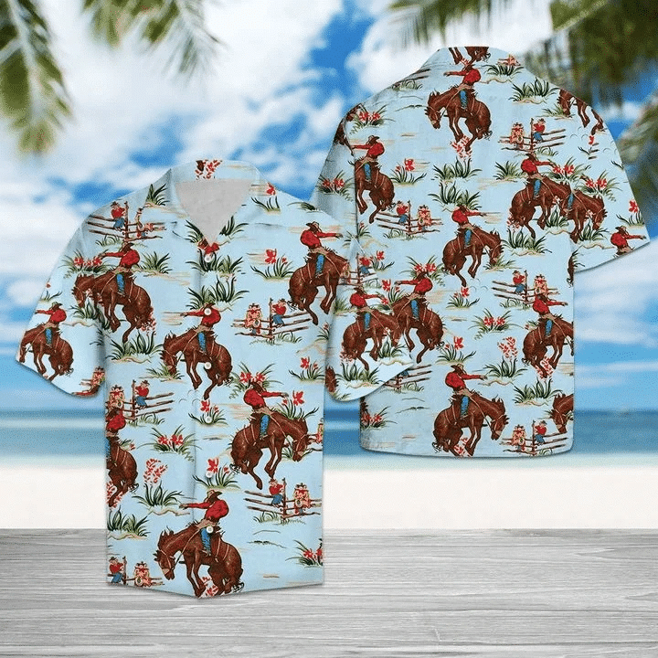Awesome Cowboy With His Horse Blue Theme Hawaiian Shirt