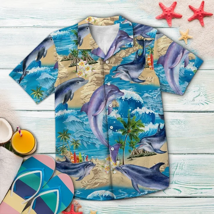 Awesome Dolphin Summer Vacation Ocean Wave Pattern Hawaiian Shirt
