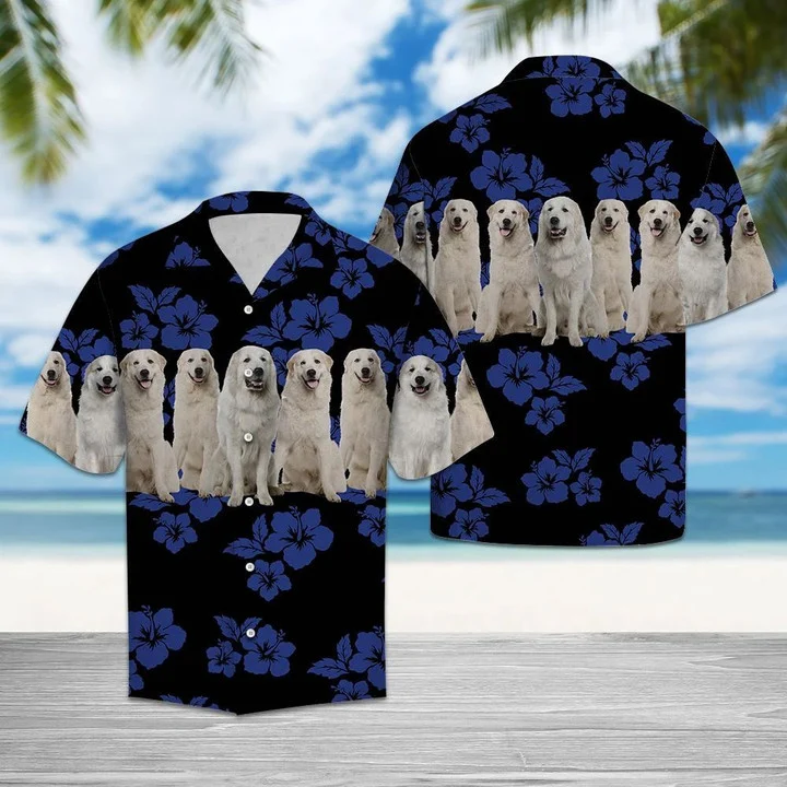 Awesome Great Pyrenees Dogs Tropical Hibiscus On Black Hawaiian Shirt