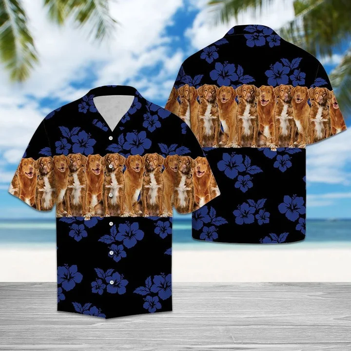 Nova Scotia Duck Tolling Retriever On Navy Hibiscus Hawaiian Shirt/ Short Sleeve Hawaiian Aloha Shirt for men and women