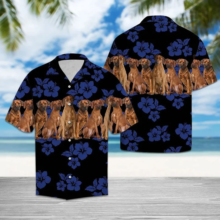 Awesome Rhodesian Ridgeback Dog Group On Hibiscus Pattern Hawaiian Shirt