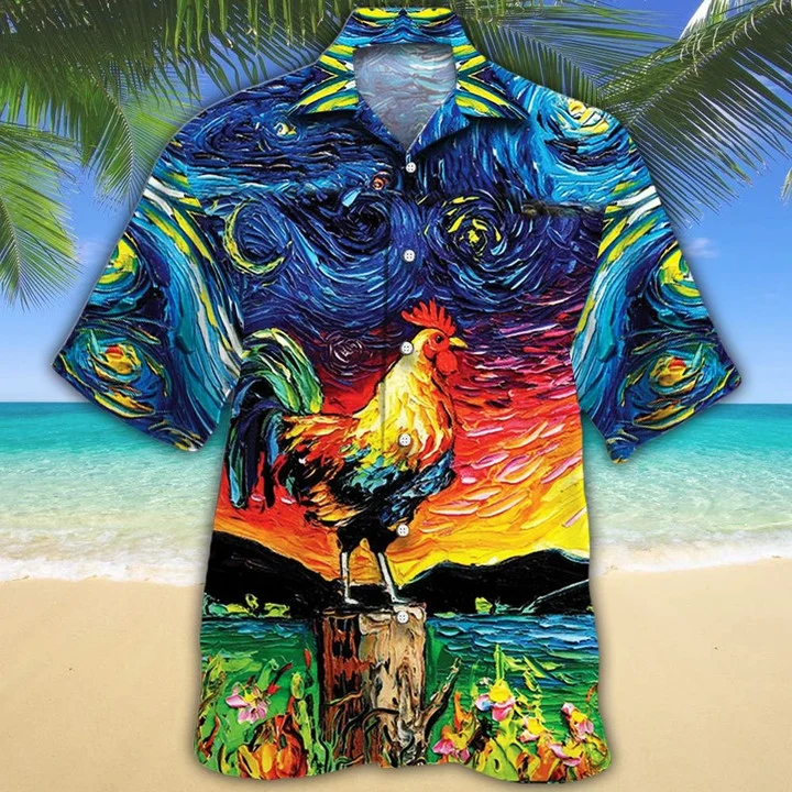 Awesome Rooster Gift For Animal Lovers Appealing Night Sky Art Hawaiian Shirt