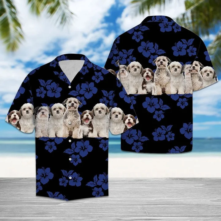 Shih Tzu Hawaiian shirt/ Dog Hawaiian shirt/ Tropical Hibiscus On Black Pattern Hawaiian Shirt
