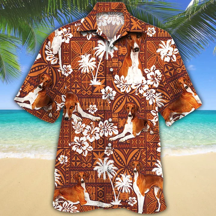 Azawakh Dog With White Palm Trees And Hibiscus In Brown Hawaiian Shirt