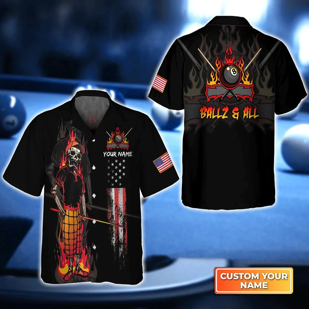 BALLZ & ALL Team Bones 8 Ball American Flag Billiards Personalized Name 3D Hawaiian Shirt/ Gift For Billiard Players