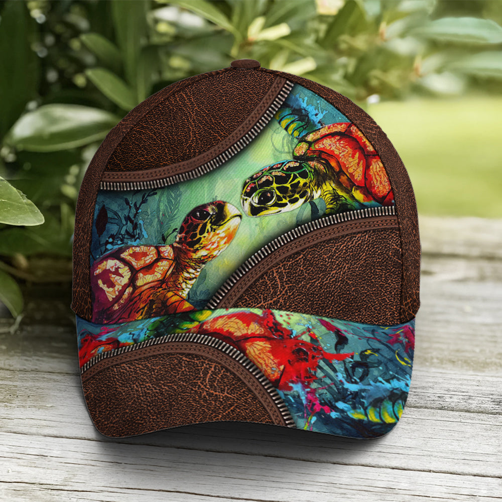 Sea Turtle Ocean Theme Leather Style Baseball Cap Coolspod