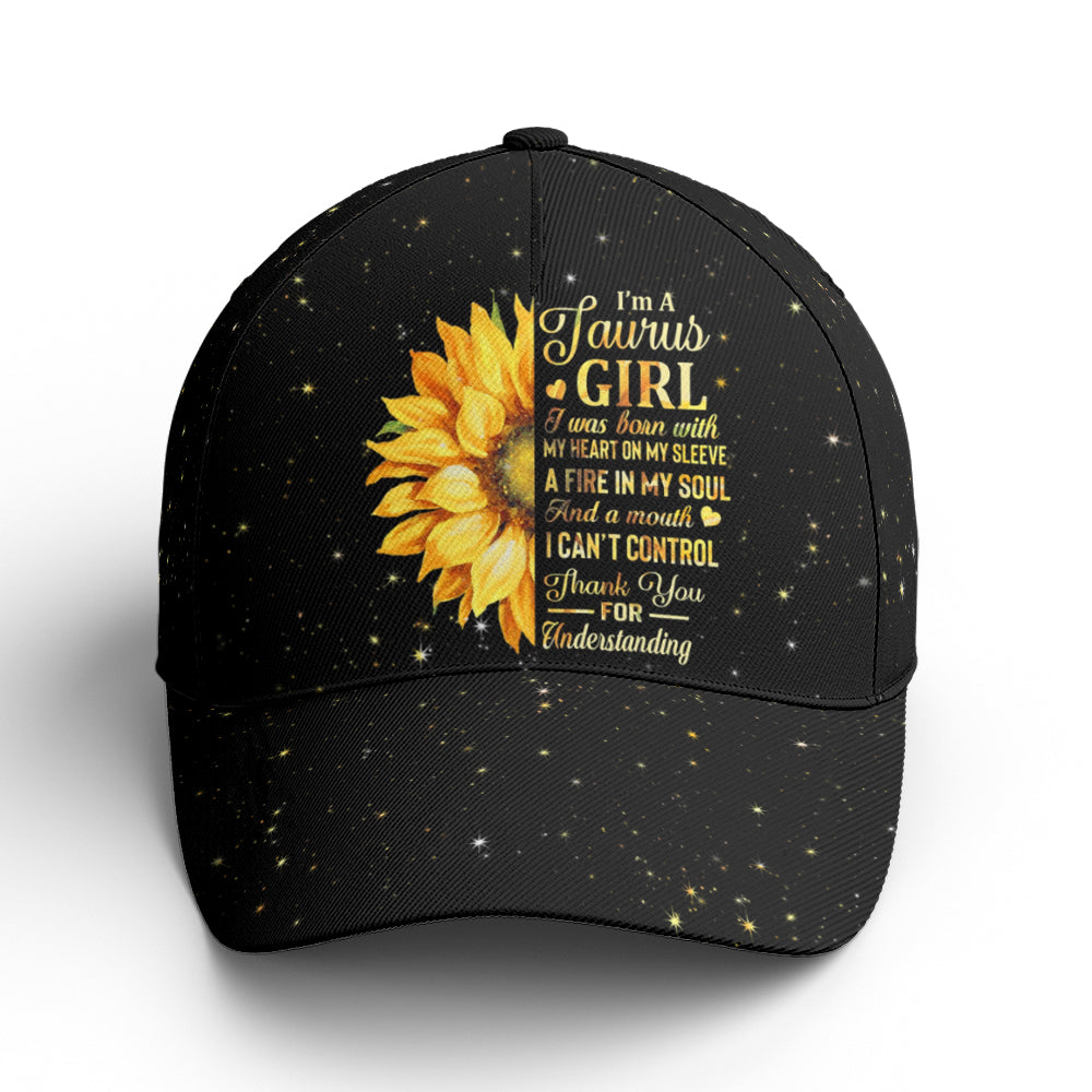 Taurus Girl Sunflower Glitter Black Baseball Cap Coolspod