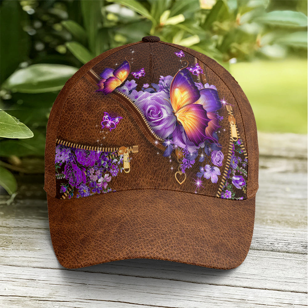 Magical Butterfly Purple Roses Leather Style Baseball Cap Coolspod
