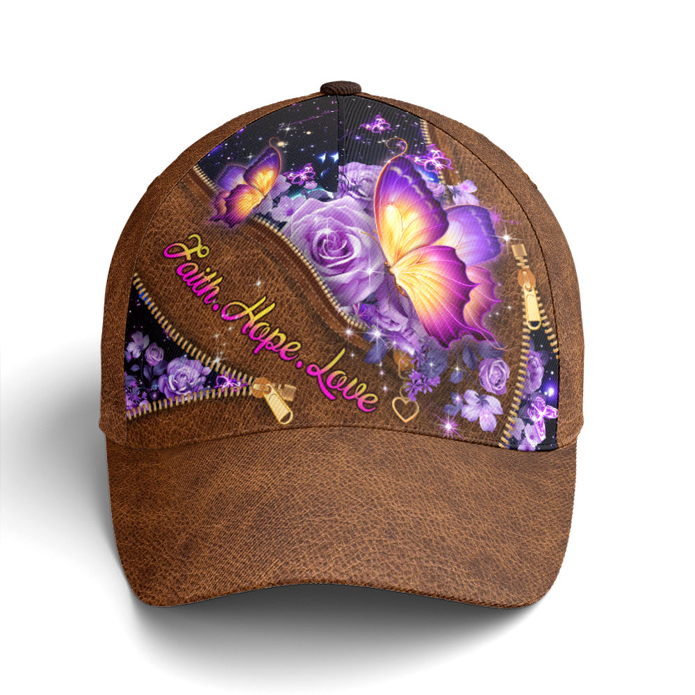 Faith Hope Love Magical Butterfly Purple Roses Leather Style Baseball Cap Coolspod