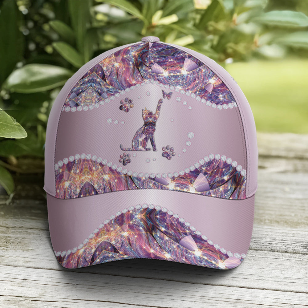 Purple Metallic Style Cat And Butterflies Baseball Cap Coolspod