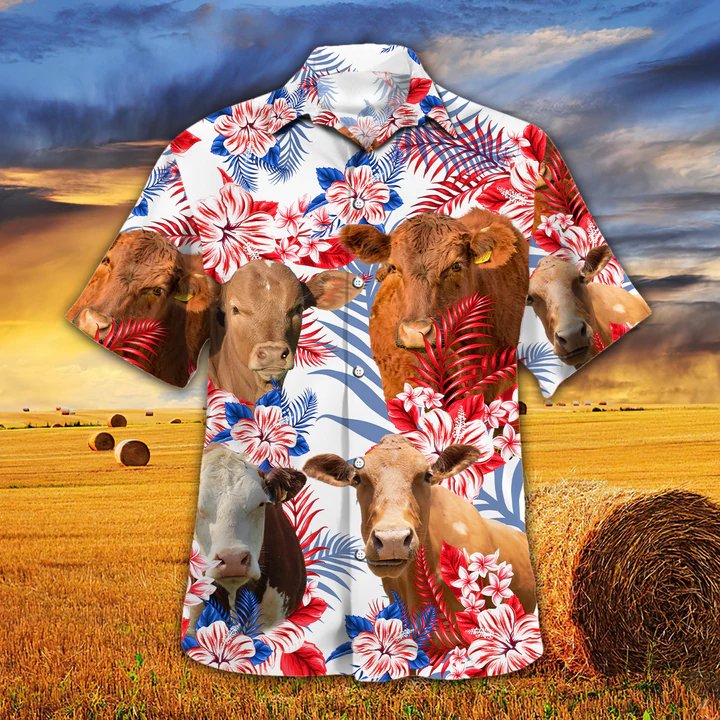 Beefmaster Cattle Lovers American Flag Hawaiian Shirt/ Cow Hawaiian shirt vintage flower/ Hawaiian shirt men/ Hawaiian shirt women