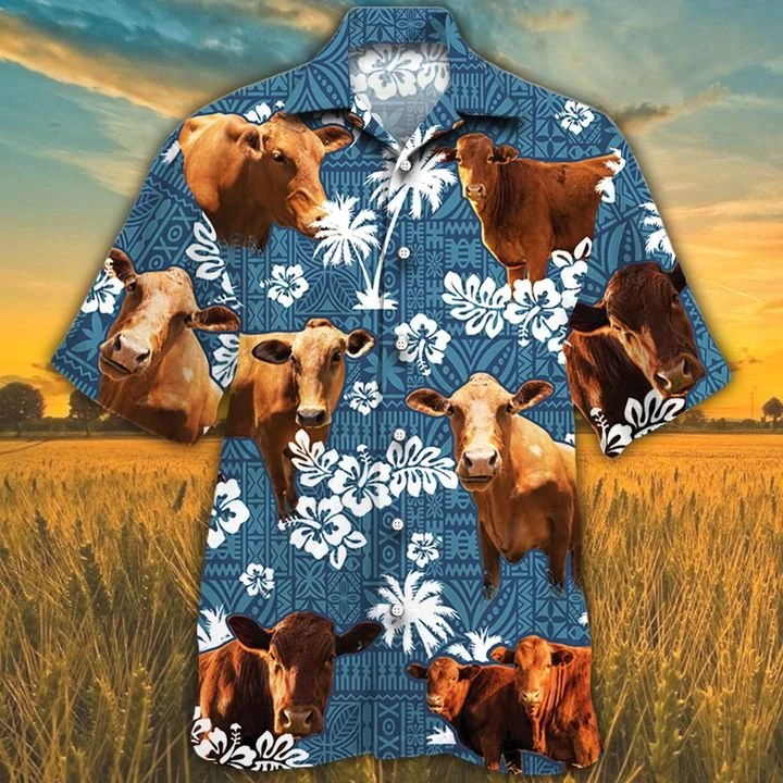 Beefmaster Cattle Lovers Blue Tribal Pattern Hawaiian Shirt/ Cow Hawaiian shirts for men/ Women