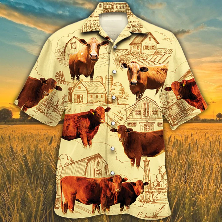 Beefmaster Cattle Lovers Farm Hawaiian Shirt/ Farm Cow Short Sleeve Hawaiian Aloha Shirt for Men/ Women