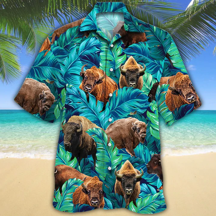 Bison Lovers Hawaiian Shirt/ Animal Cow Hawaiian Shirt Men/ Short Sleeve Hawaiian Aloha Shirt