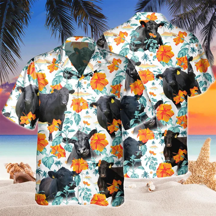 Black Angus Blue Floral Hawaiian Shirt/ Cow Hawaii Shirt/ Cow Shirts/ Cow Lovers/ Shirt For Men