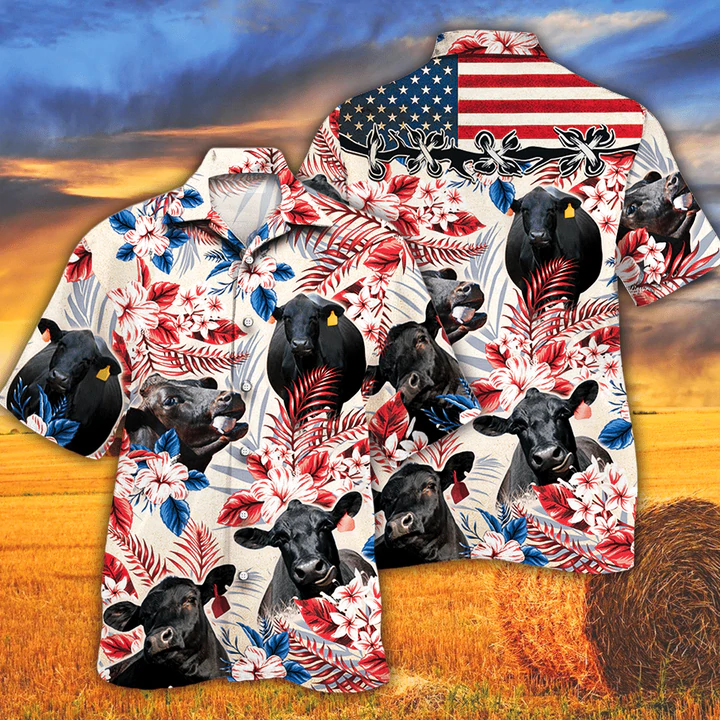 Black Angus Cattle Lovers American Flag Hawaiian Shirt/ Cow Hawaiian shirt vintage flower/ Hawaiian shirt men/ Hawaiian shirt women