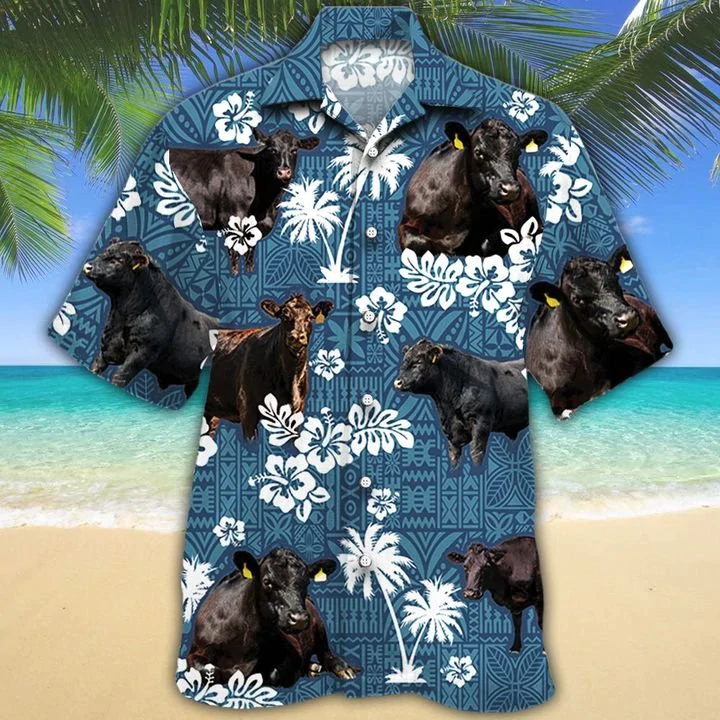 Black Angus Cattle Lovers Blue Tribal Hawaiian Shirt/ Hawaiian shirts for men/ Women