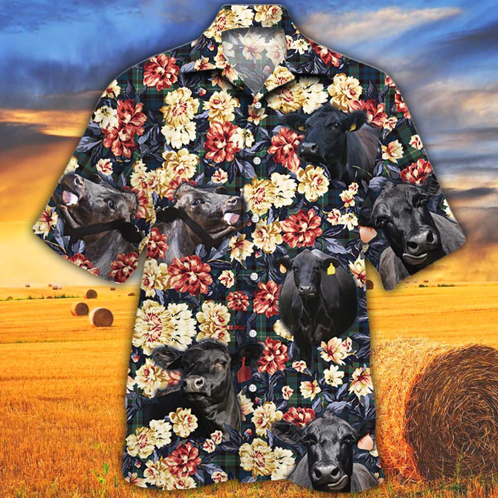 Black Angus Hawaiian shirt men/ Cow Cattle Green Plaid Pattern Hawaiian Shirt/ Summer Hawaiian shirt/ Animal shirt