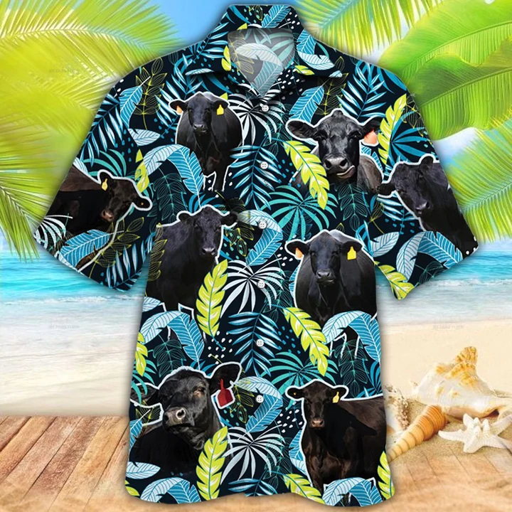 Black Angus Cattle Lovers Jungle Leaves Hawaiian Shirt/ Hawaiian shirt Men/ Women