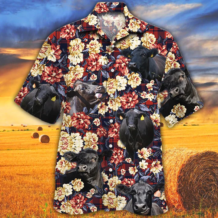 Cow Hawaiian shirt/ Summer Hawaiian shirt/ Animal shirt/ Black Angus Red Plaid Pattern Hawaiian Shirt