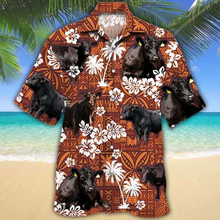 Black Angus Cattle Lovers Red Tribal Hawaiian Shirt Men/ Cow Short Sleeve Hawaiian Aloha Shirt