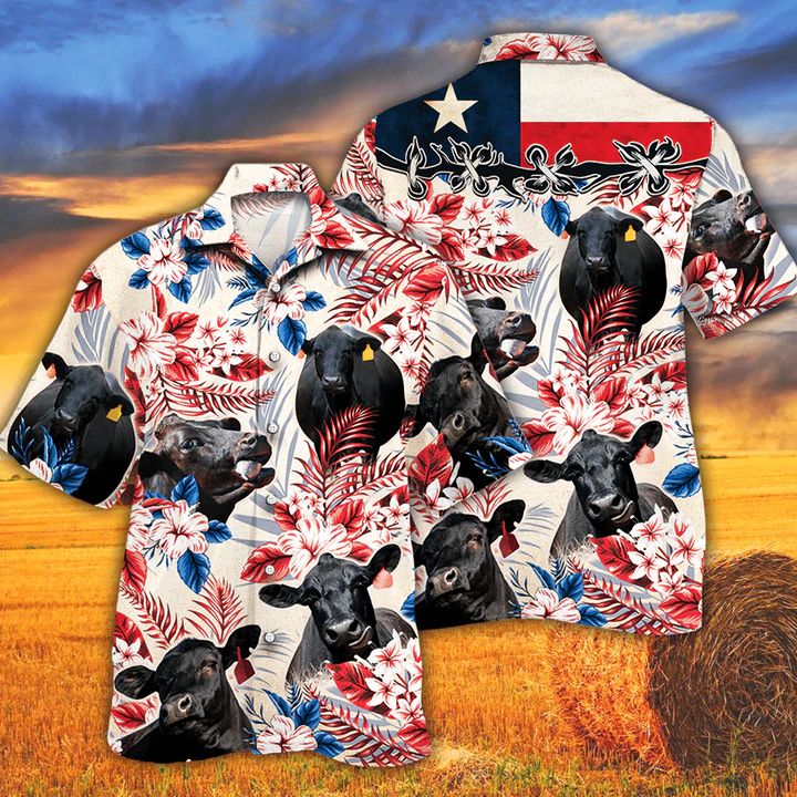 Black Angus Cattle Lovers Texas Flag Hawaiian Shirt/ Cow Hawaiian shirt vintage flower/ Hawaiian shirt men/ Hawaiian shirt women