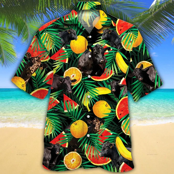 Cow Hawaiian shirt - Black Angus Cattle Lovers Tropical Fruits Hawaiian Shirt - Aloha Shirt For Cow Lovers