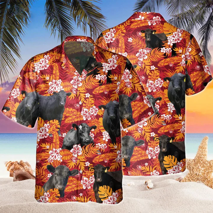 Black Angus Red Orange Floral Hawaiian Shirt/ Cow Hawaii shirts men/ Hawaiian shirt Women