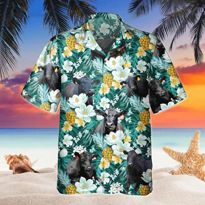 Black Angus Tropical Pineapple Fruit Hawaiian Shirt/ Flowers Aloha Shirt For cow Lovers