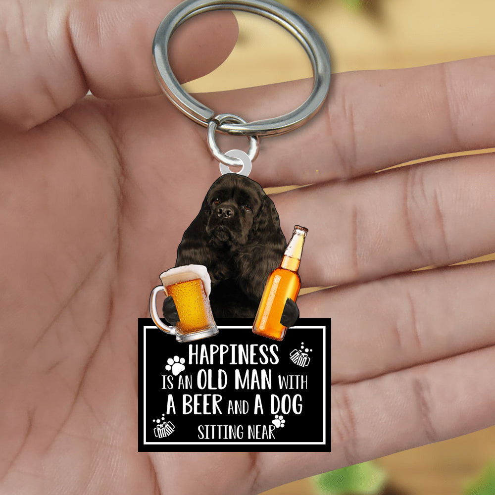 Black Cocker Spaniel Happiness Is An Old Man With A Beer And A Dog Sitting Near Acrylic Keychain