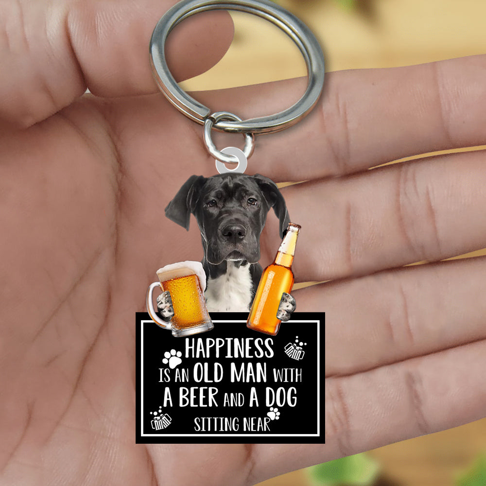 Black Great Dane Happiness Is An Old Man With A Beer And A Dog Sitting Near Acrylic Keychain