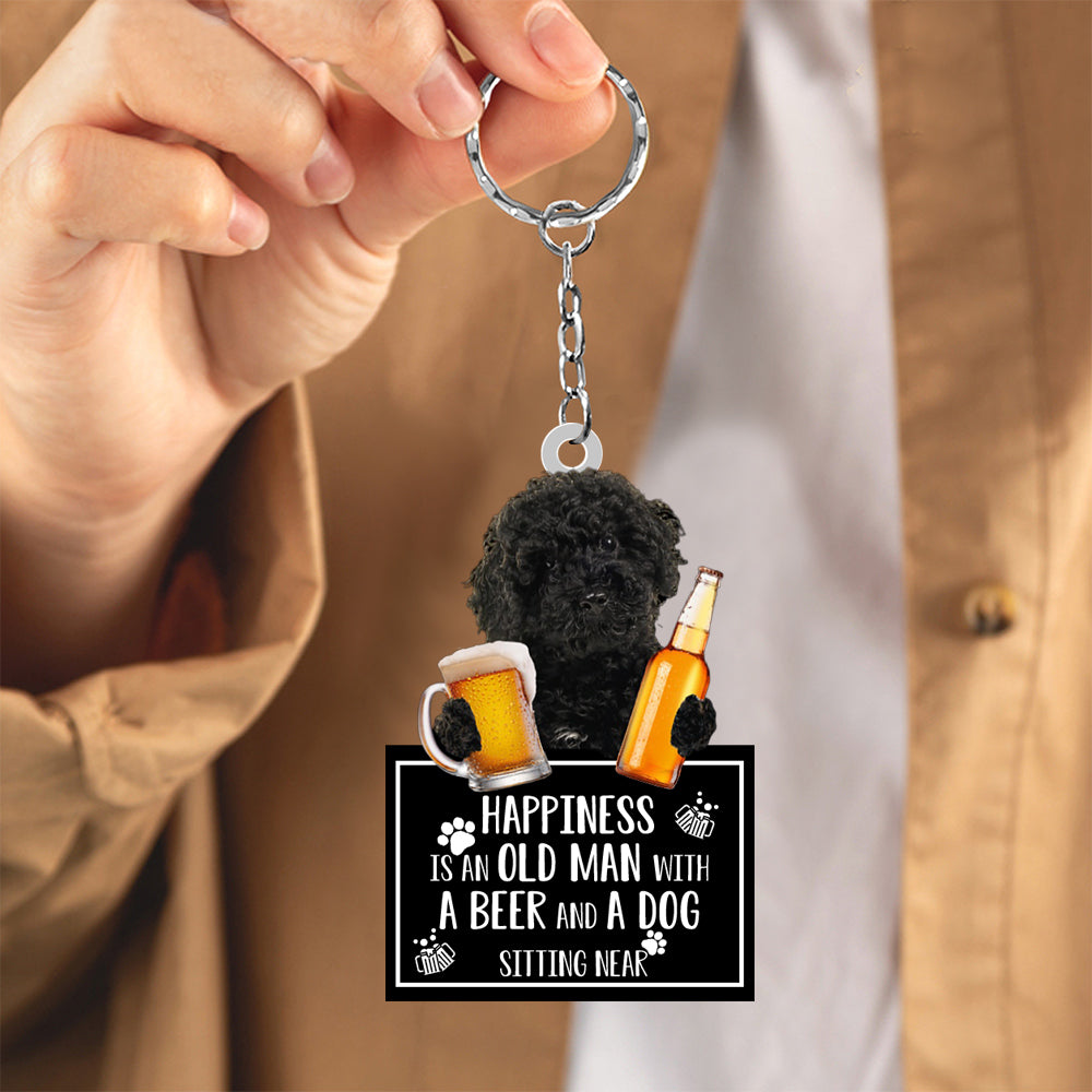 Black Labradoodle  Happiness Is An Old Man With A Beer And A Dog Sitting Near Acrylic Keychain