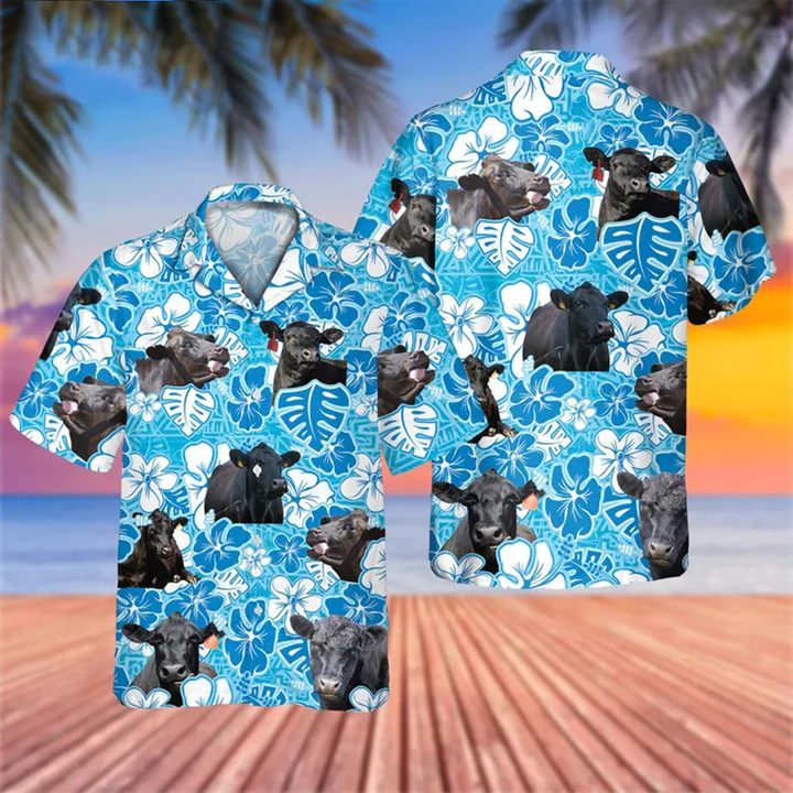 Black Angus Blue Floral Hawaiian Shirt/ Cow Hawaii Shirt/ Cow Lovers Shirt For Men