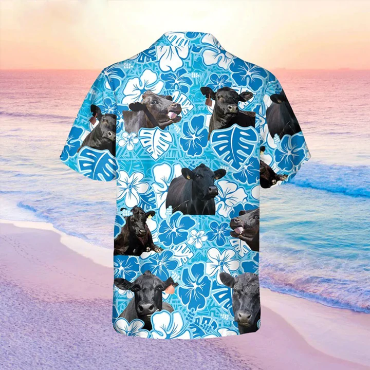 Black Angus Blue Floral Hawaiian Shirt/ Cow Hawaii Shirt/ Cow Lovers Shirt For Men