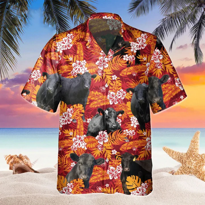 Black Angus Red Orange Floral Hawaiian Shirt/ Cow Hawaii shirts men/ Hawaiian shirt Women