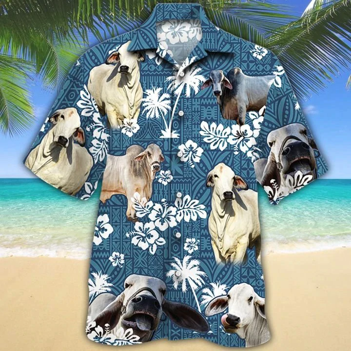 Brahman Cattle Lovers Blue Tribal Hawaiian Shirt/ Cow Hawaiian shirts/ Cow aloha shirt for men/ Hawaii shirt woman