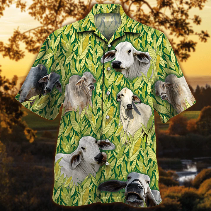 Vintage Farm Hawaiian Shirts for Men - Brahman Hawaiian Shirt/ Animals Button Down Mens Hawaiian Shirts