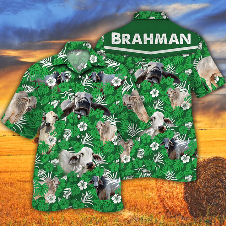 Cow Tropical Cow Men Hawaiian Shirts - Brahman Cattle Lovers Green Floral Pattern Hawaiian Shirt