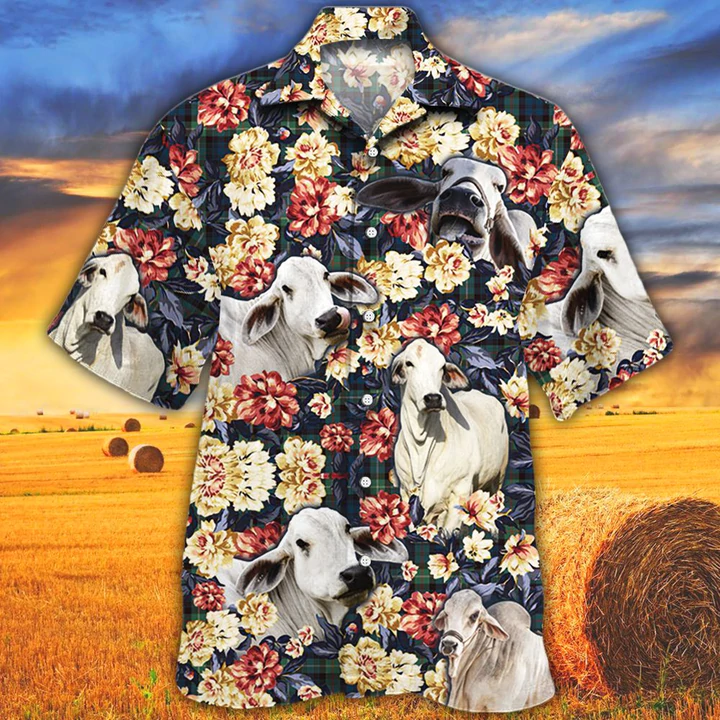 Cow men''s Hawaiian shirt - Vintage Farm Hawaiian Shirts/ Brahman Cattle Lovers Green Plaid Pattern Hawaiian Shirt