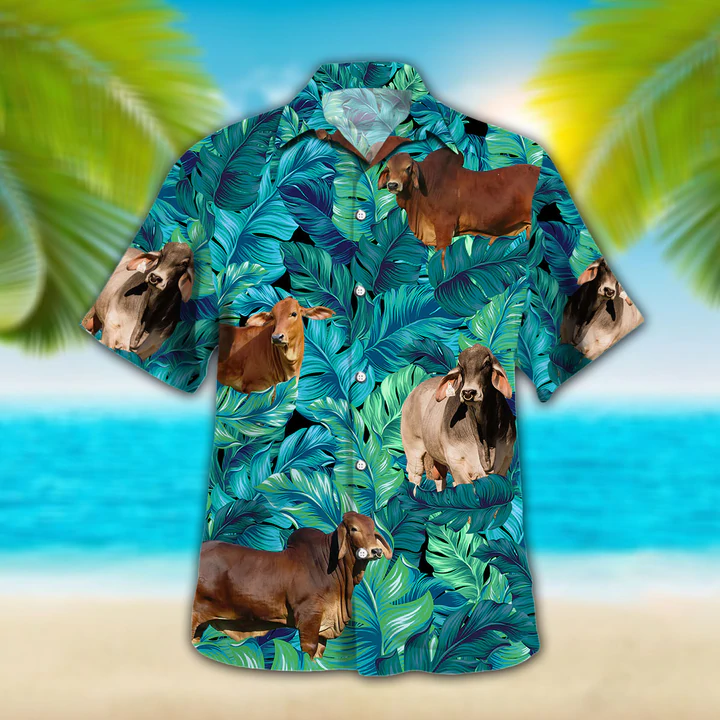 Brahman Cattle Lovers Hawaiian Shirt/ Cow Hawaiian shirt vintage flower/ Short Sleeve Hawaiian Aloha Shirt for men/ Women