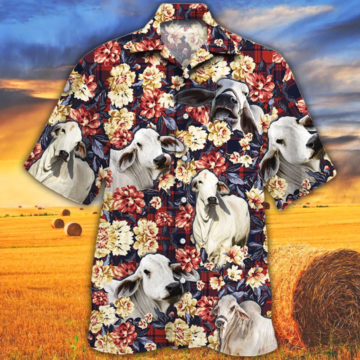 Brahman Hawaiian shirt men/ Summer Hawaiian shirt/ Animal shirt/ Cow Cattle Green Plaid Pattern Hawaiian Shirt
